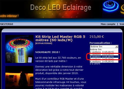 Ruban led sur mesure divisé en 4 sections