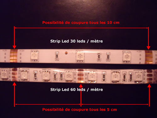 Les rubans led 30 ou 60 leds par mètre peuvent être coupés toutes les 3 leds