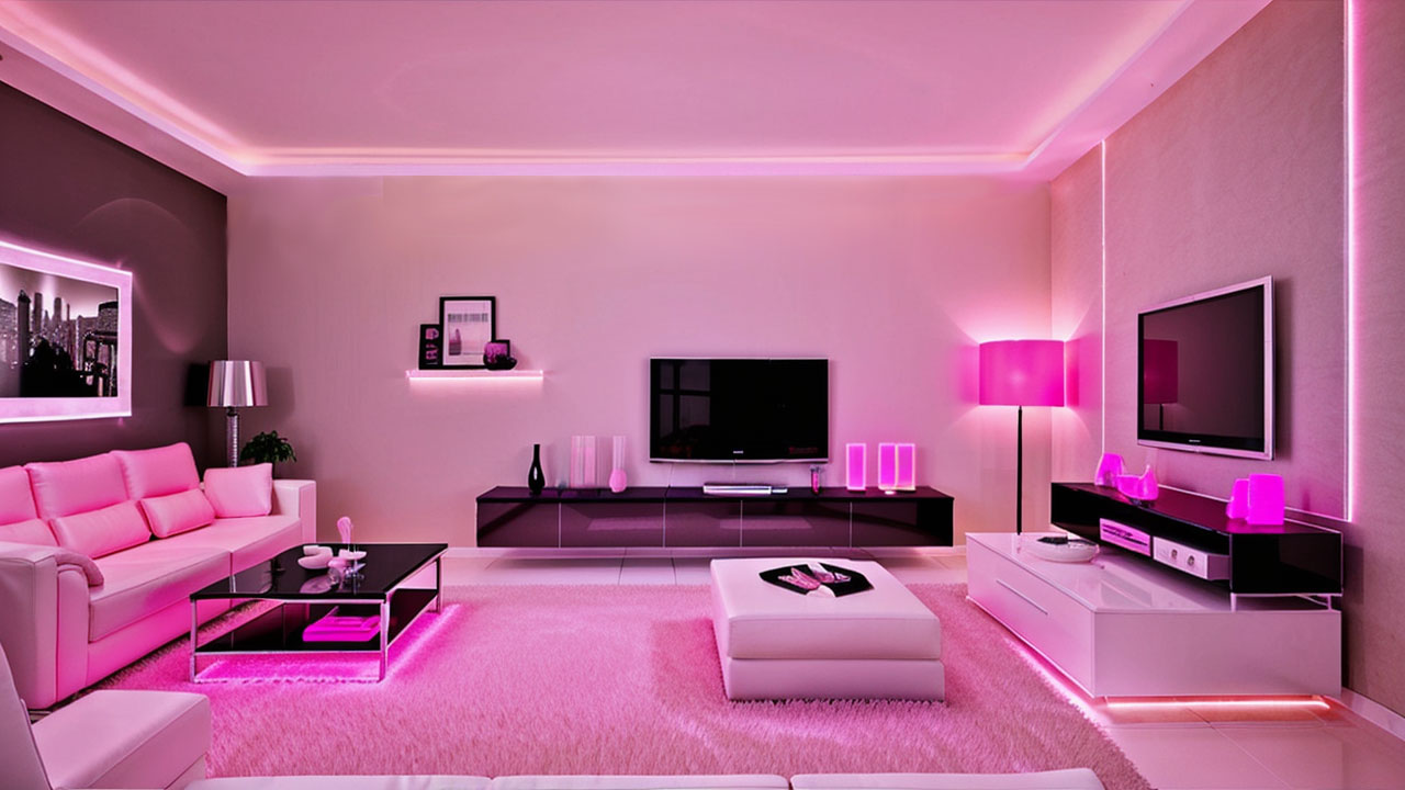 Ruban led blanc rose installé dans la corniche d'un salon avec décoration lumineuse cosy