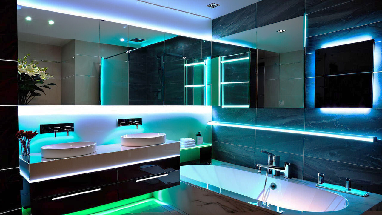 Ruban led éclairage indirect blanc et coloré d'une salle de bain moderne