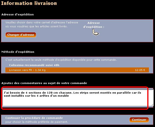 Informations complémentaires à notifier lors de la commande